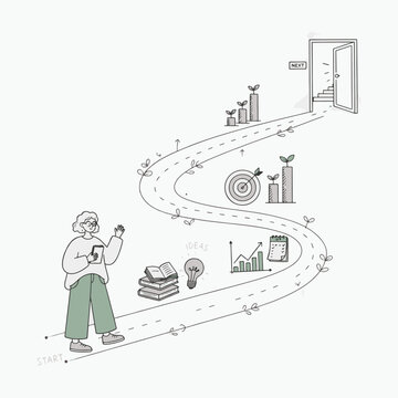 Business Strategy Roadmap with Woman Planning Career Growth and Success Goals Illustration