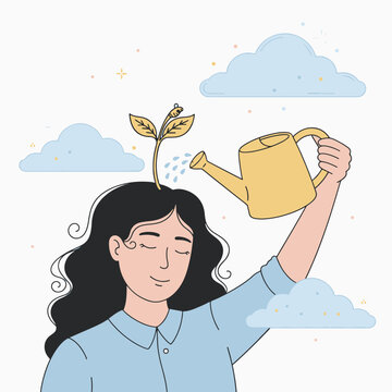 Woman Watering a Plant Growing From Her Head for Mental Growth Concept
