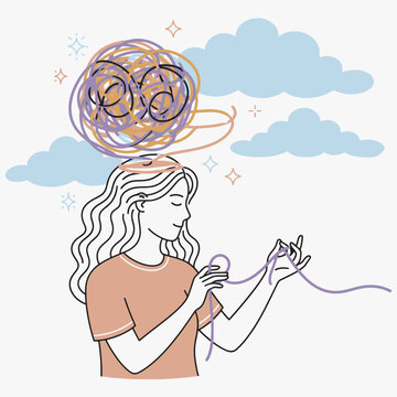 Mental Health Concept Illustration Showing Woman Untangling Tangled Brain Mess