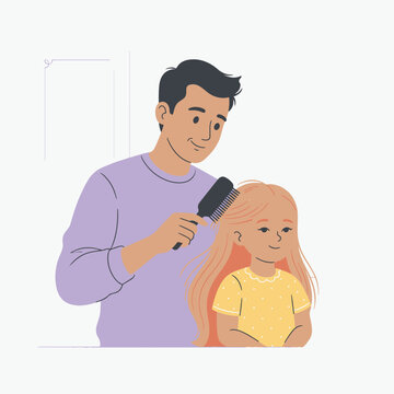 Caring Father Brushing Hair Of His Young Daughter In Modern Cartoon Illustration