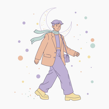Fashionable Young Man Walking Through Space With Crescent Moon And Stars Background
