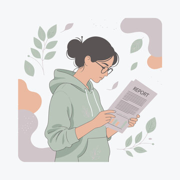 Professional Woman in Hoodie Reviewing Business Report Paper with Botanical Background