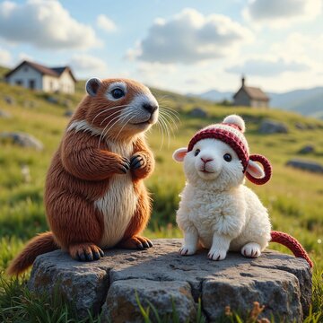 This image shows a drawing of a cute groundhog and a little lamb wearing a knitted hat