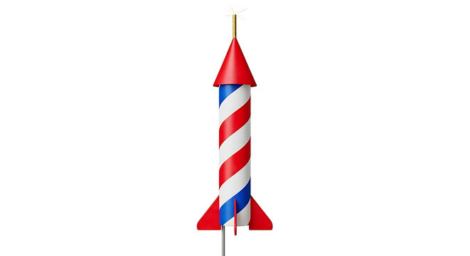 Red, white, and blue firework rocket isolated on transparent background, festive explosive decoration