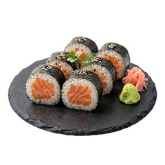 Fresh salmon maki sushi rolls on slate platter © BTG