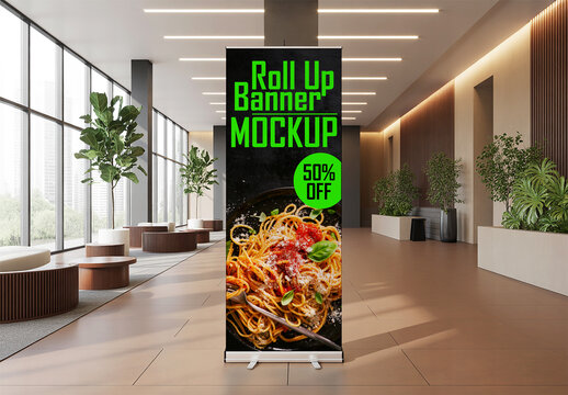 Roll Up Banner Mockup in Modern Interior Space