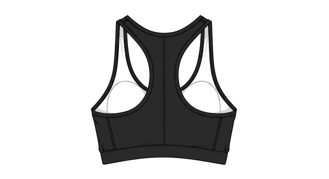 Illustration of a black sports bra in back view with detailed stitching and racerback design on a plain white background