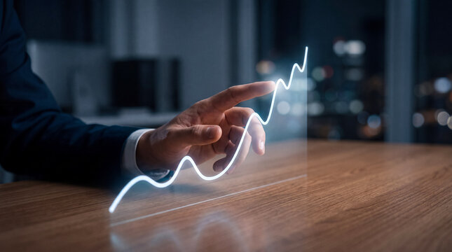 Businessman's hand touching glowing digital graph at night, symbolizing financial growth and future strategy.