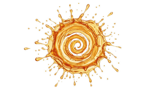 Golden honey spiral splash with droplets and radial motion isolated on a transparent background