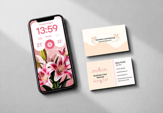 Smartphone and Business Card Mockup Set with Floral Screen Wallpaper on Neutral Background