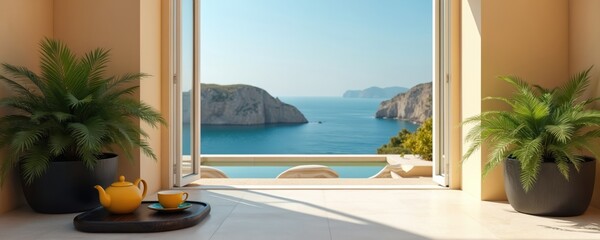 Obraz premium Open window shows bright sea landscape with green plants and tea set. Peaceful terrace overlooking ocean with rocky islands. Relaxing sunny vacation view.