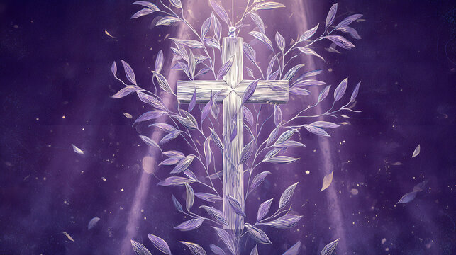 A spiritual illustration featuring a white Christian cross shining on a purple background with leaves and branches on Ash Wednesday during Catholic Lent.