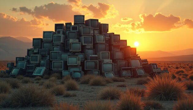 Pile of old computer monitors stacked high in desert landscape at sunset. Abandoned electronics create a mountain of e-waste under a dramatic sky. Represents obsolescence and disposal.