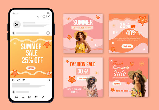 Summer Fashion Sale Social Media Post Template Bundle with Tropical Elements and Model Portraits