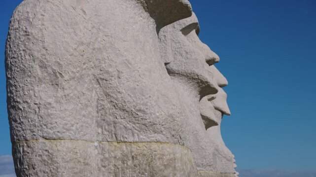 Moai Statues Faces Close up Shot, Blue Sky Background