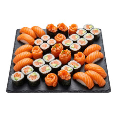 Assorted salmon sushi and maki platter on transparent background © BTG