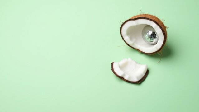 Close-up of coconut shells with nutmeg inside.