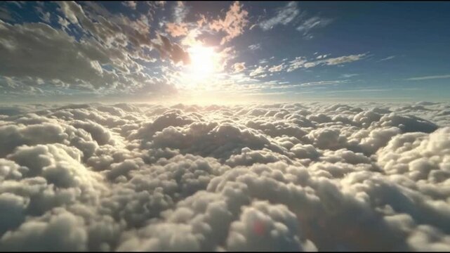 Blue sky filled with soft white clouds glowing in warm sunlight on a beautiful day