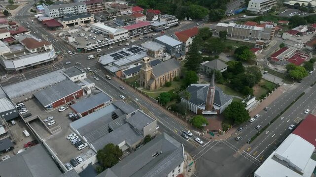Drone view of Mossel Bay city center with Dutch Reformed Church (N.G.Moedergemeente Mosselbaai), South Africa.