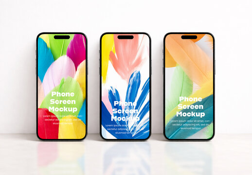 Three Smartphone Screen Mockups Standing in a Row on White Background with Colorful Feather Designs