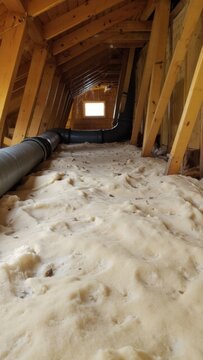 Attic insulation being installed, possibly for energy efficiency or loft conversion purposes. The fiberglass material is evident, and the space appears under construction.