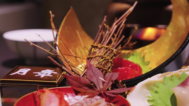 Japanese Kaiseki Meal, Sea Bream Sashimi and Autumn Setting