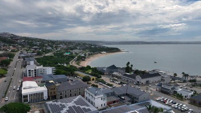 Drone flight towards Santos Beach in Mossel Bay, South Africa.