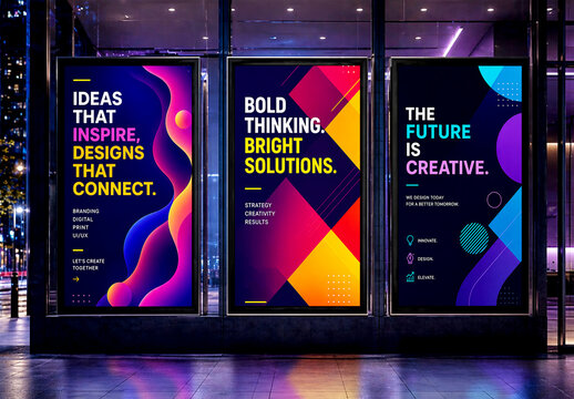 Three Vertical Digital Billboard Mockups on City Street at Night with Modern Creative Poster Designs