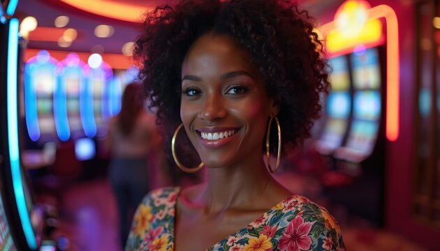 Smiling Black woman with curly hair wears hoop earrings in casino. Neon lights reflect off slot machines behind her. She wears a floral top in this bright indoor setting.