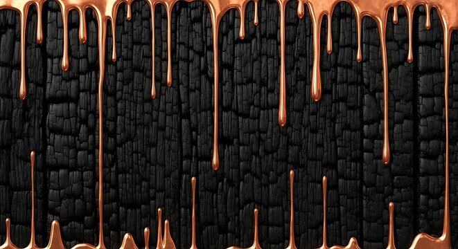 Charred wood texture with molten copper drips on surface