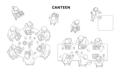Fototapeta na wymiar Top view architectural drawing of canteen scene with people eating at tables, food trays and dining layout, clean minimal line illustration for cafeteria floor plan use