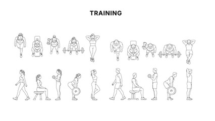 Plakat Minimal CAD fitness people drawings set with top view and side view workout poses, gym exercises and body movement in clean architectural line style for plans and layouts