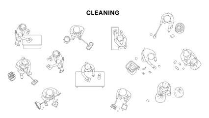 Obraz premium Minimal CAD cleaning activity drawings set with people mopping, wiping, sweeping and trash handling, top view symbols in clean architectural line style for plans and layouts