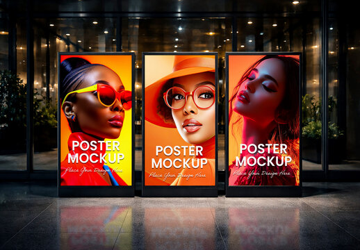 Three Vertical Digital Poster Mockups on City Street at Night with Fashion Portrait Designs