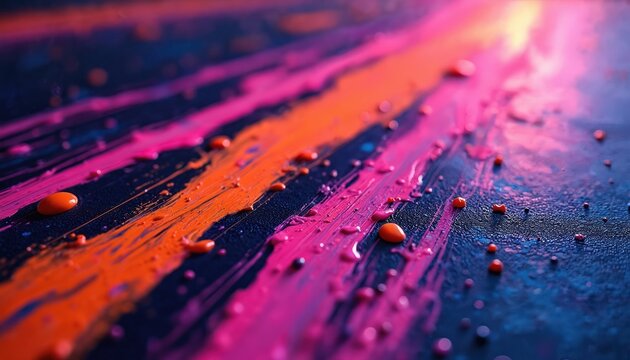 Bright neon paint streaks and drops on dark canvas. Pink orange colors swirl with blue under UV light. Abstract art texture with vibrant glow and liquid effect. Modern creative background design.