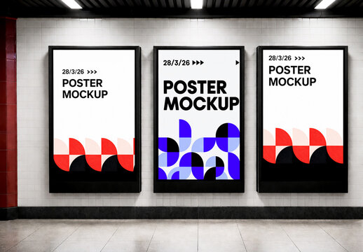 Three Vertical Poster Mockups on Subway Station Wall with Modern Geometric Advertisement Designs