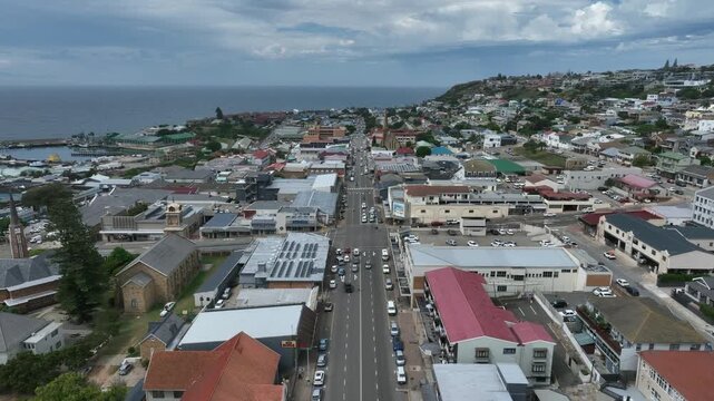 Drone flight along the main street of Mossel Bay in South Africa.