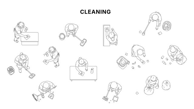 Minimal CAD cleaning activity drawings set with people mopping, wiping, sweeping and trash handling, top view symbols in clean architectural line style for plans and layouts