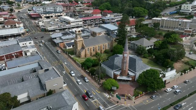 Aerial view of Dutch Reformed Church (N.G.Moedergemeente Mosselbaai) in Mossel Bay, South Africa.