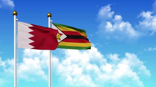 Waving flags of BAHRAIN and ZIMBABWE on pole included with alpha