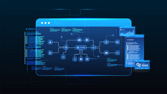 AI workflow automation artificial intelligence. ai agent network diagram dashboard architecture data processing system, coding and automation system.