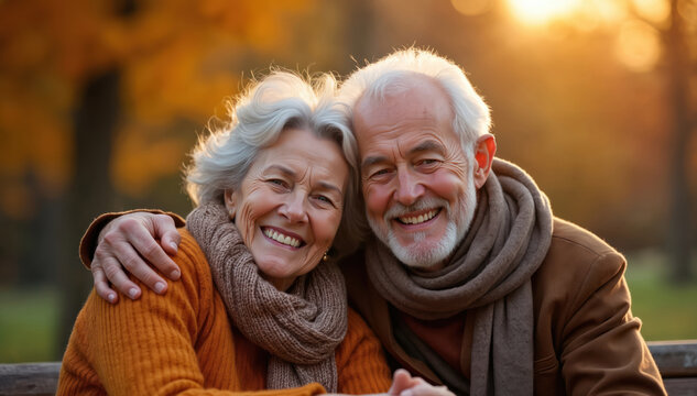Elderly couple hugs tenderly on a park bench during autumn. Their happy smiles and warm clothing reflect deep affection and companionship. They share a joyful moment together.