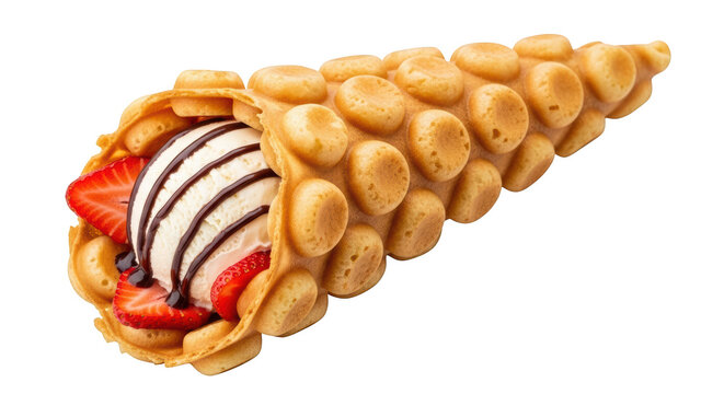 Bubble waffle cone with vanilla ice cream and strawberries isolated on a transparent background