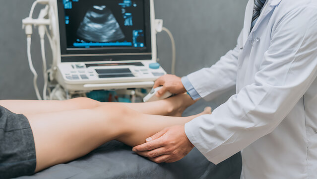 Doctor's Hands Performing Diagnostic Leg Ultrasound on Patient, Sonogram Visible