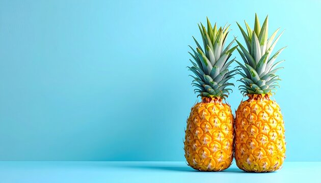 Two golden yellow pineapples with vibrant green leafy crowns against a bright blue background, showcasing tropical freshness