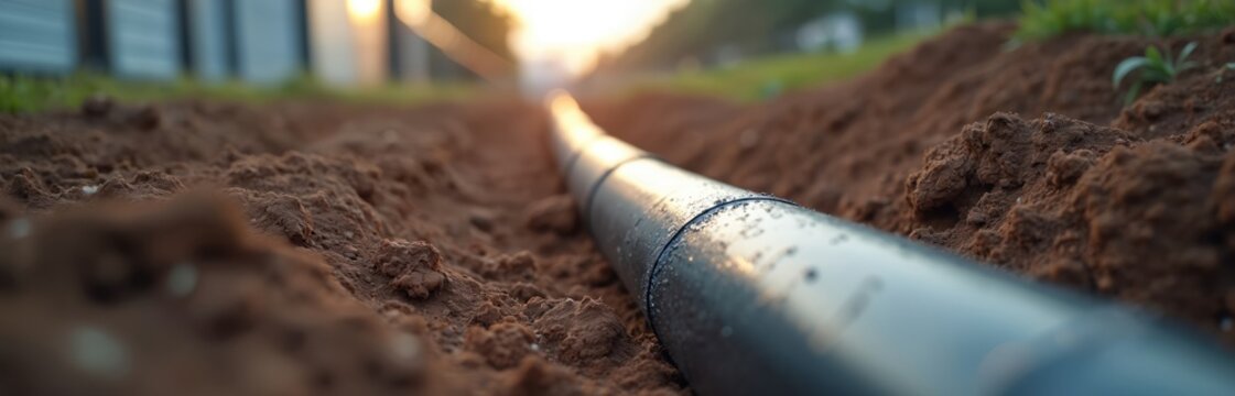 Black pvc pipe laid in dirt trench at sunset. Underground infrastructure for telecom, water or sewage systems. Construction and utility network build.