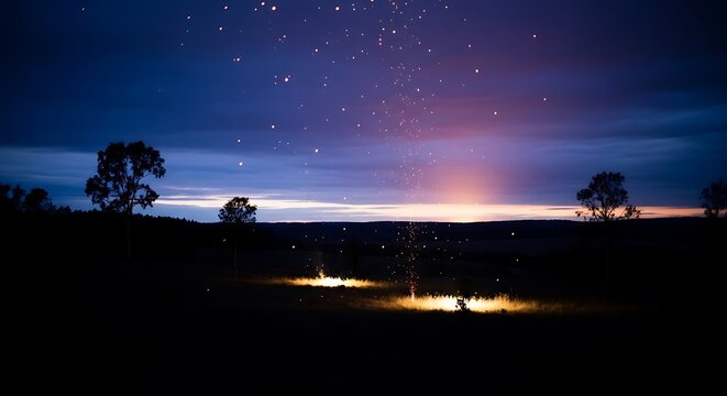 Starry Night Sky Over A Serene Desert Landscape With Campfire Glow.