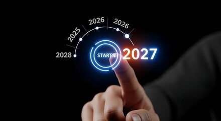 Fototapeta premium Concept of New Year 2027 Goals and Business Planning with a Person Pointing at a Digital Futuristic Timeline on a Dark Background