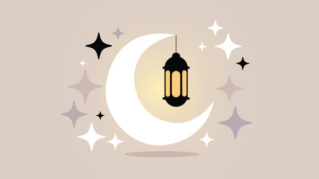 Minimal Crescent Moon with Hanging Lantern for Eid Mubarak Islamic Celebration.