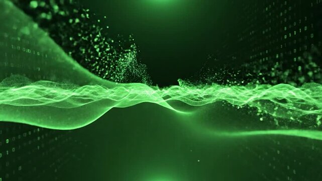 Abstract digital landscape with flowing green energy waves and binary code background, a futuristic concept design
